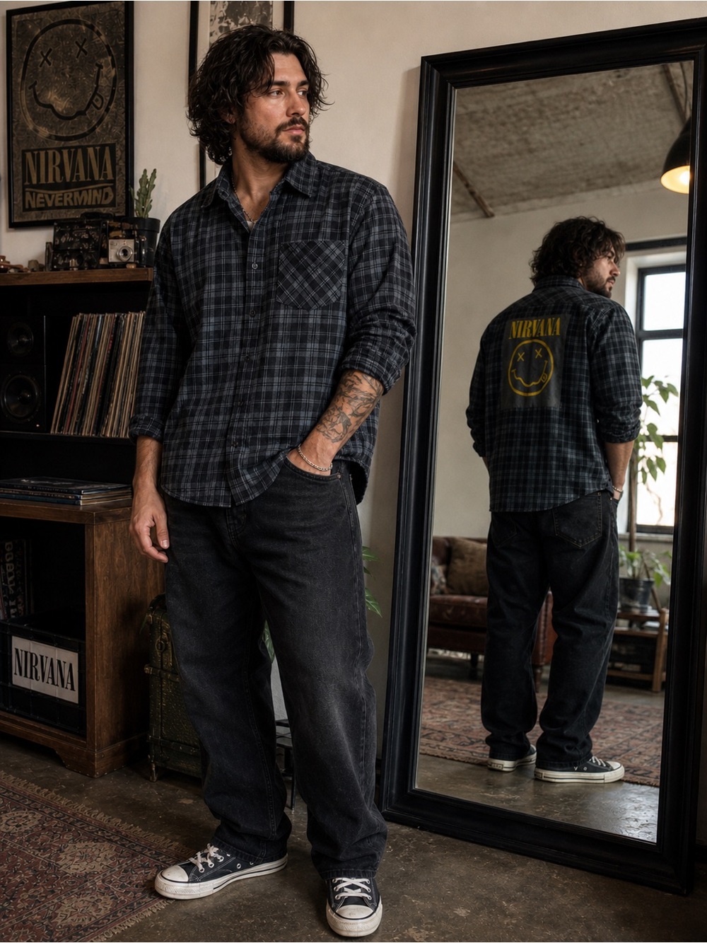 Trashion - Gray Black Plaid - Upcycled Nirvana Button Up Shirt- M